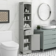 Tall Bathroom Storage Cabinet with 3-Tier Open Shelves, Freestanding Slim Bathroom Organizer with Adjustable Shelves, Drawer and Door, Anti-Tip Kit, 13.4" L x 9.1''W x 66.9''H