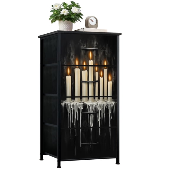 Dresser for Bedroom with 4 Storage Drawers Dripping Gothic Elegant Painting Gold Framed Candles Wax Drips Dressers Chest of Drawers Steel Framed Fabric Closet Organizers for Entryway