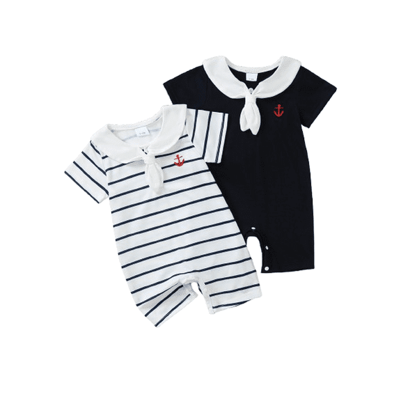 PureChapter 2-Pack Baby Boys Nautical Sailor Collar Rompers, Striped & Solid Short Sleeve One-Pieces with Anchor Embroidery 1-18M Navy Blue