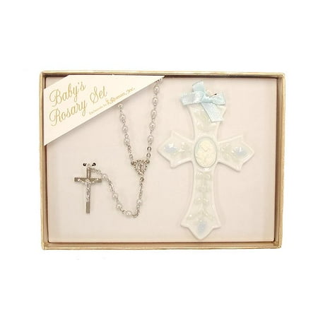 Religious Baby Boy Beaded Rosary and Porcelain Cross 2-Piece Set