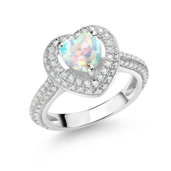 Gem Stone King 925 Sterling Silver White Opal and White Moissanite Heart Shape Ring for Women (1.37 Cttw, Size 8)