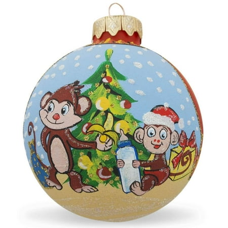 BestPysanky Monkey with Baby and Christmas Tree Glass Ball Christmas Ornament 3.25