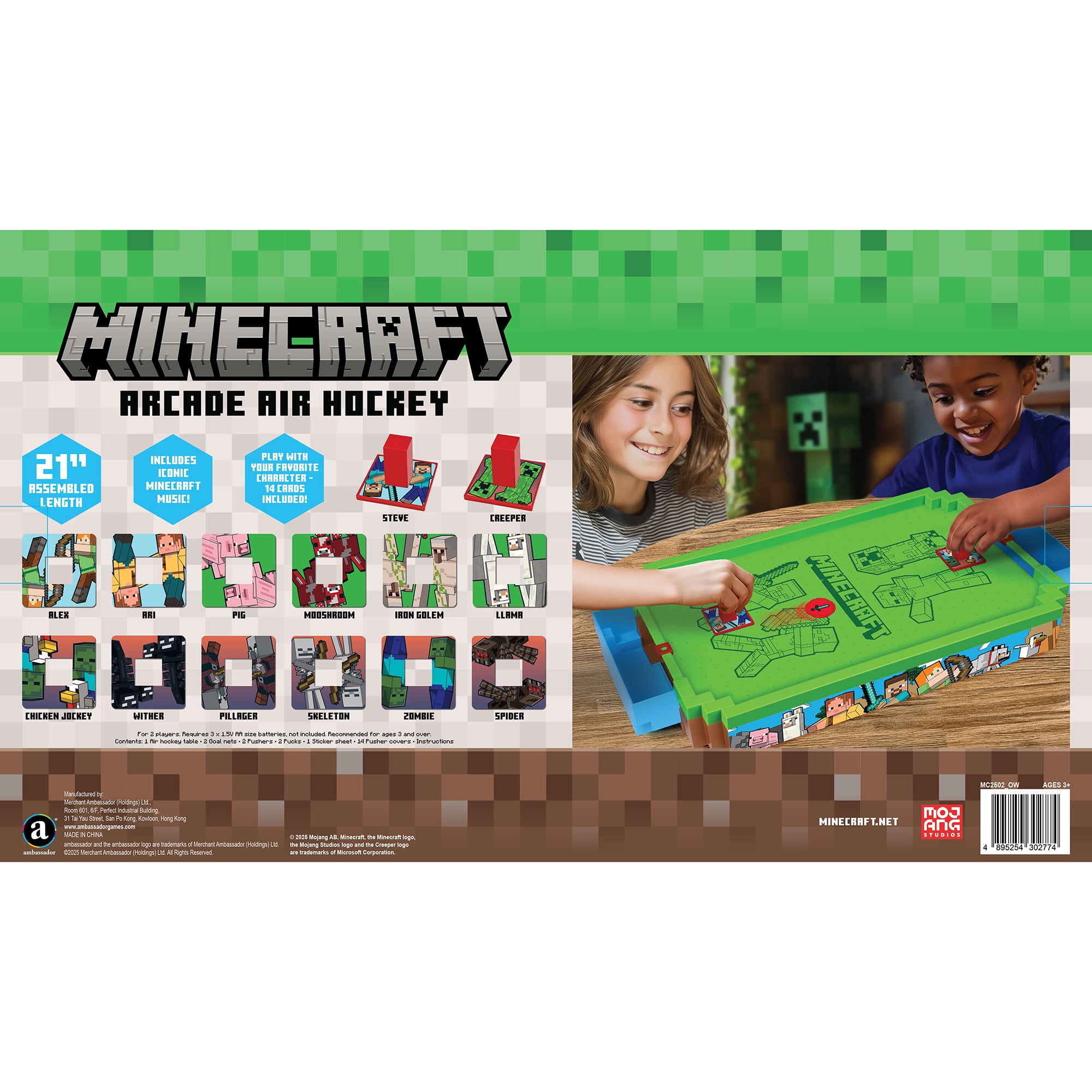 Minecraft: Arcade Air Hockey - Overworld -Premium Series, 21" Motorized Tabletop Game, Iconic Sounds, Licensed Collectible Toy, Adult-Kid 3+, 2 Player