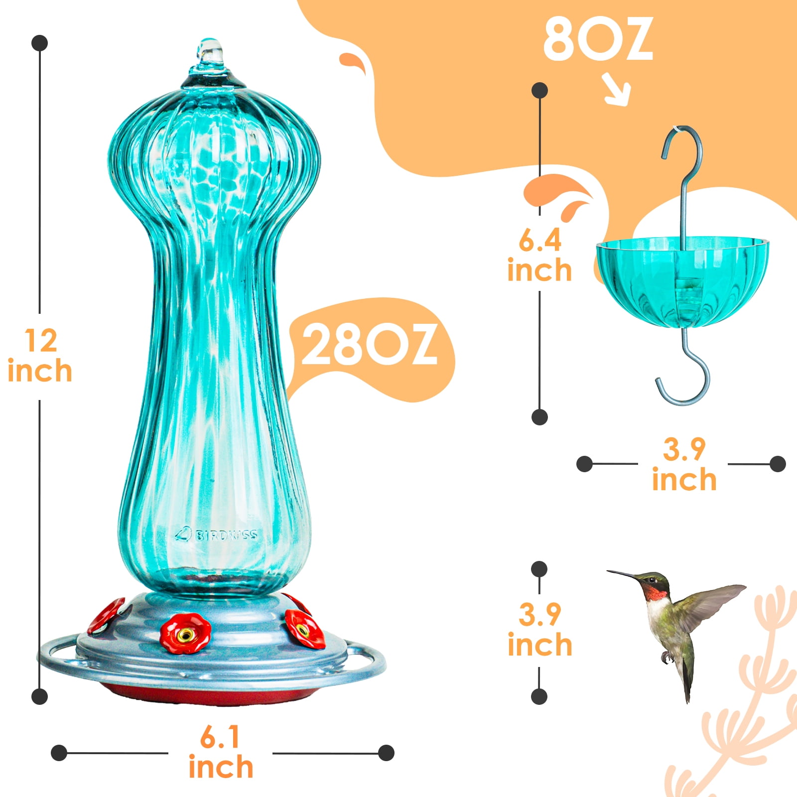 Birdkiss 28 oz Hand Blown Glass Hummingbird Feeders with Ant Moat Hook, Garden Backyard Patio Decor