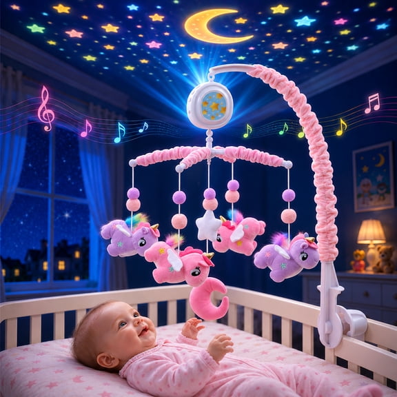Wonderstone Unicorn Baby Crib Mobile for Girls with Music Box, Rotating Plush Crib Toys for Newborns, Infant, Baby Shower Gift, Pink