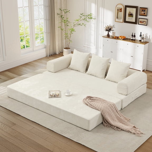 Timbernest 78.8" King Size Convertible Sleeper Sofa Bed, Folding Mattress Couch, Chenille Floor Sofa with 3 Pillows and 2 Small Armrest Pockets, Beige