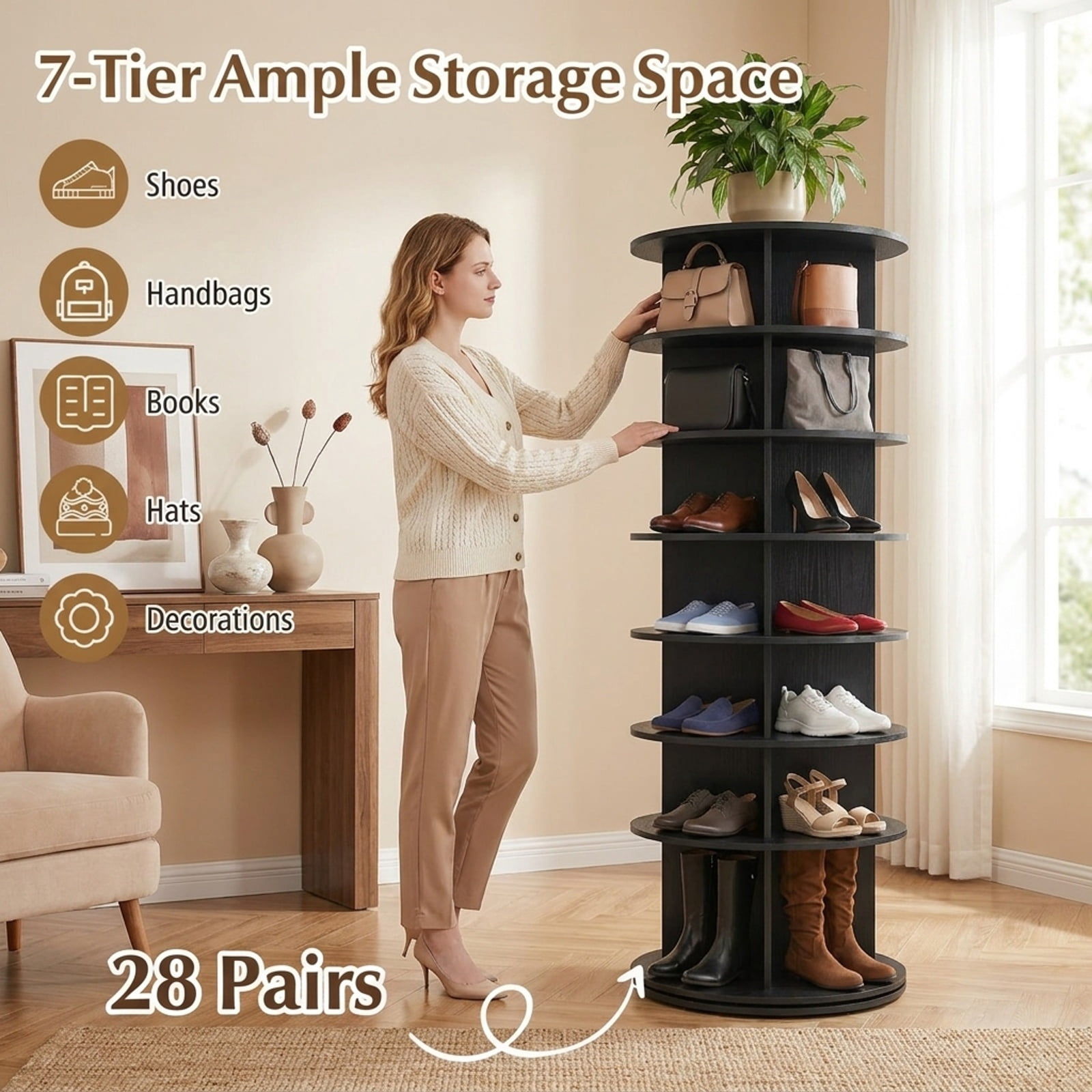 Furnibear 7 Tier Rotating Shoe Rack Tower Freestanding Spinning Shoe Organizer for Entryway Closet and Bedroom Corners, Black