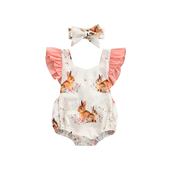 Aunavey Infant Baby Gril Easter Romper Bunny Halter Ruffle One Piece Outfit Clothes Playsuit with Headband
