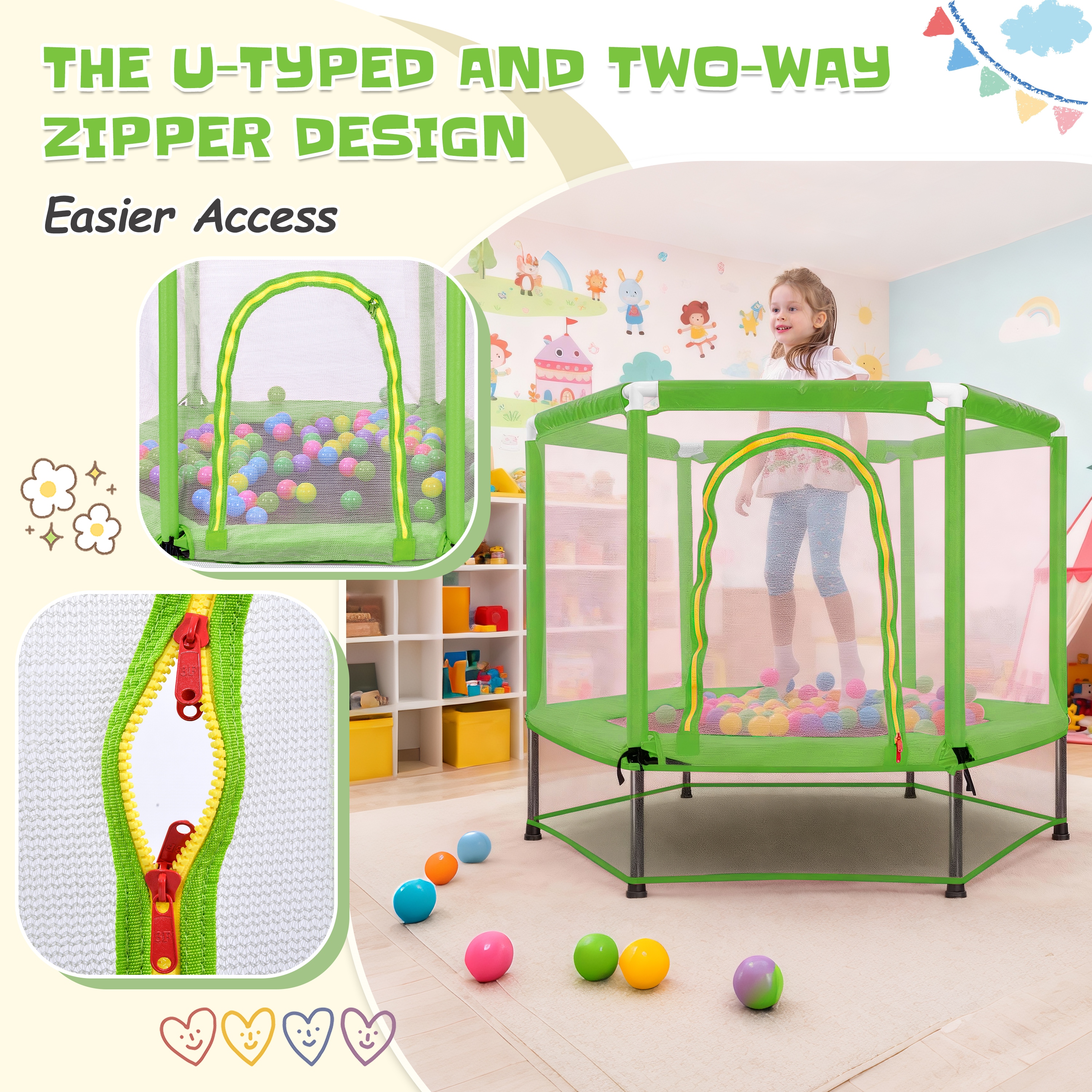 EUROCO 55" Mini Toddler Trampoline with Ocean Balls, No-Gap Design, Small Round Trampoline for Kids with Upper&Lower Safety Net