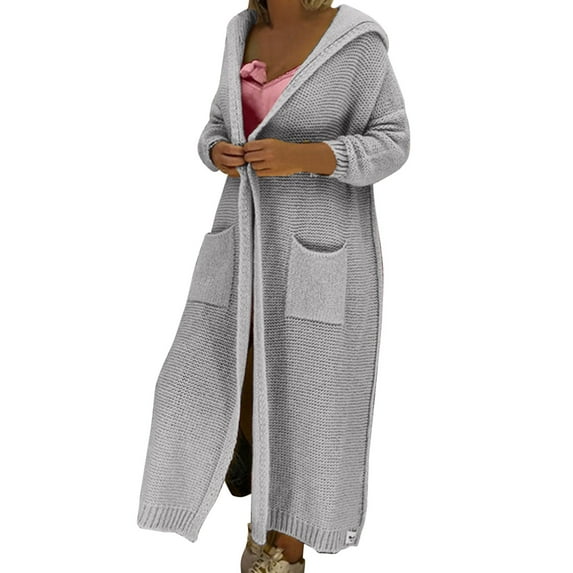 Solid Color Cardigan Pockets Round Neck Outwear Fashion Loose Knitwear Open Front Warm Pullover Autumn Women Coat Long Cable Knitted Sweater