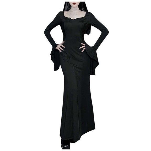 FEIFLY Elegant Women Slim Black Low Cut Long Fishtail Dress Bodycon Evening Gown For Formal Events – Sizes S XL Solid Color Festival Clothing