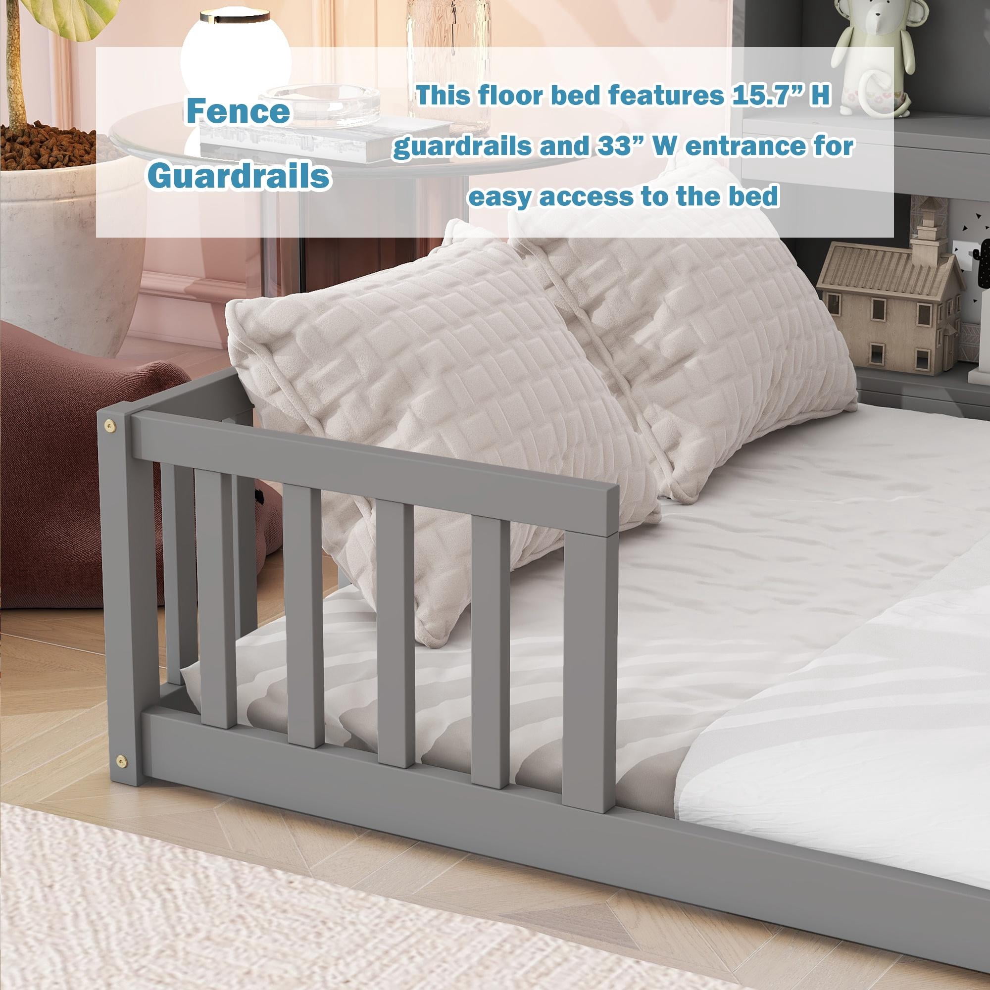 Bellemave Full Size Floor Bed Frame with Fence and Bookcase  Floor Bed Low Montessori Bed Frame with Storage Shelves (Full, Gray)
