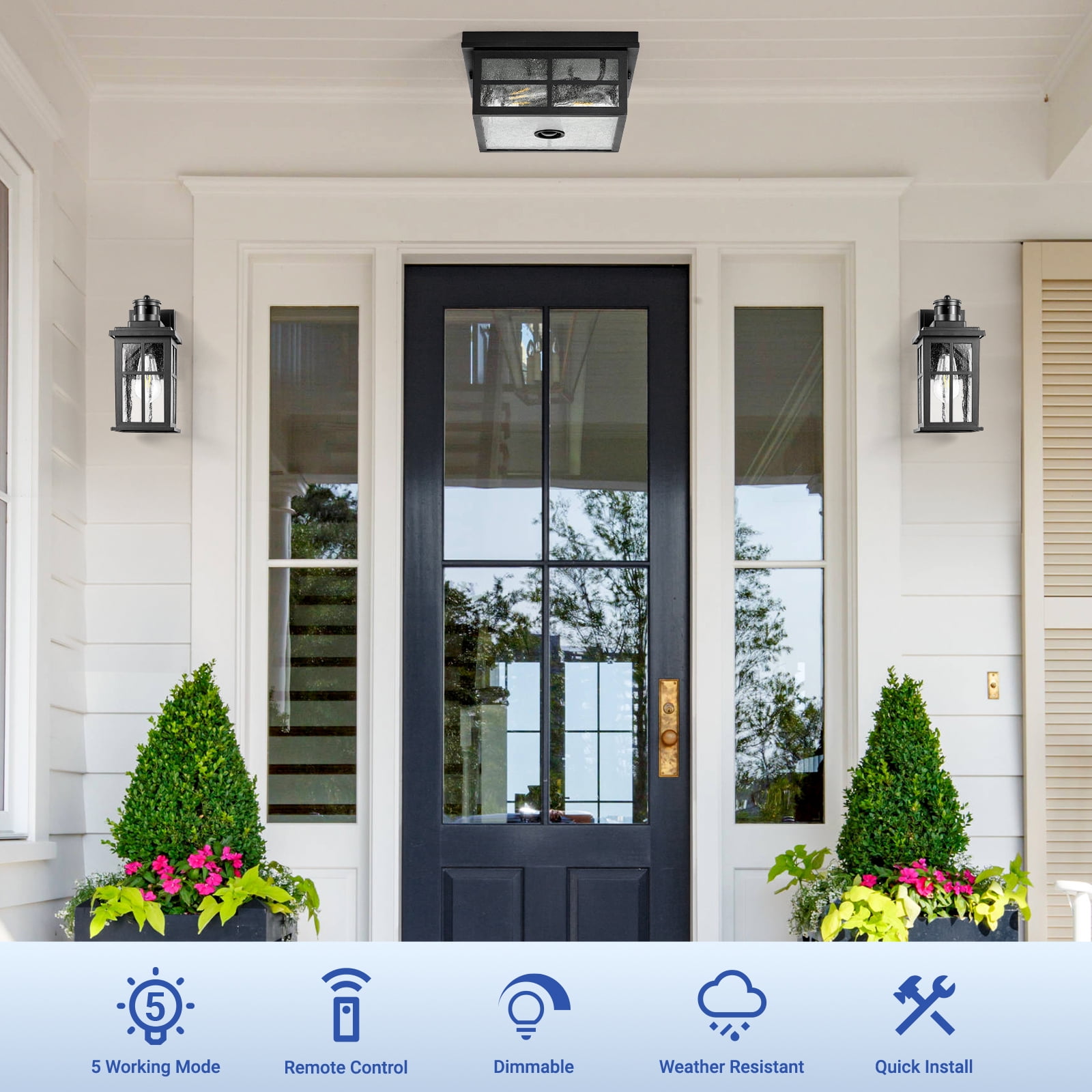 VIANIS Motion Sensor Outdoor Ceiling Light with Remote Control, 2-Light Black Modern Outdoor Flush Mount Light for Garage, Porch, Entryway, Square
