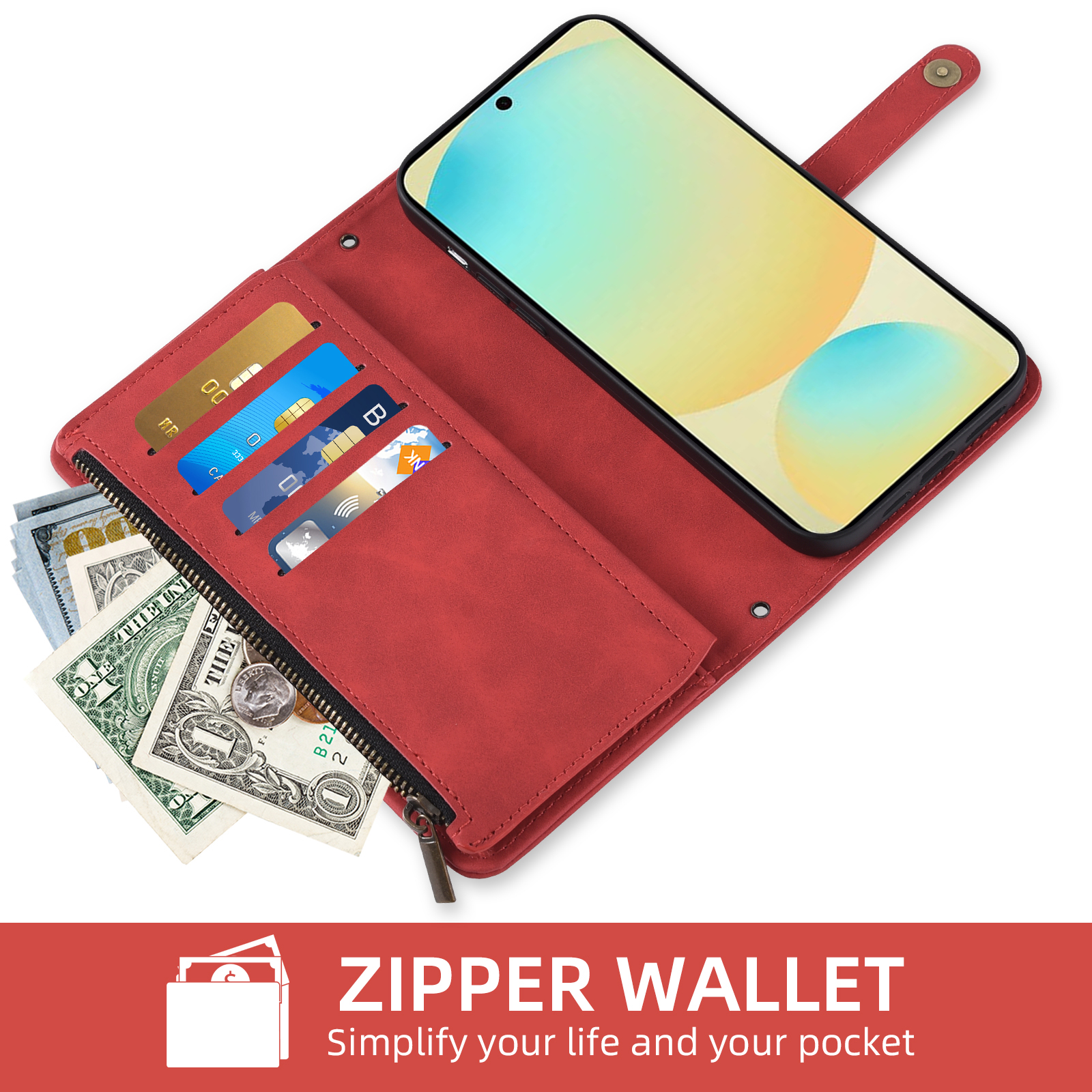 Asuwish Phone Case for Samsung Galaxy S24 FE 5G Wallet Cover With Tempered Glass Screen Protector Crossbody Wrist Strap Flip Pattern Zipper Credit Card Holder Cell S 24 EF AI S24FE 24S Women Men Red