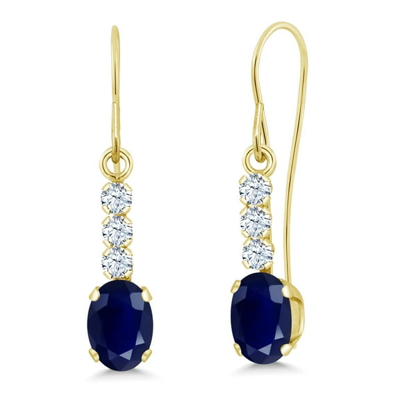 Gem Stone King 10K Yellow Gold Blue Sapphire and White Created Sapphire Drop Dangle Earrings for Women (1.34 Cttw, Gemstone September Birthstone, Oval 6X4MM)
