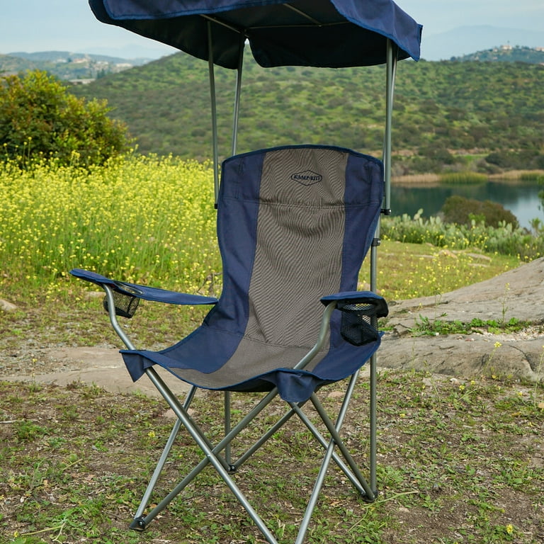 Kamp-Rite Folding Camp Chair with Shade Canopy and Cupholders, Navy/Tan 