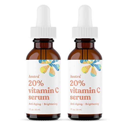 ASUTRA 20% Suero de vitamina C 1 fl oz (paquete de 2) - Suero facial iluminador de ácido ferúlico e hialurónico Vitamina E Aloe Jojoba