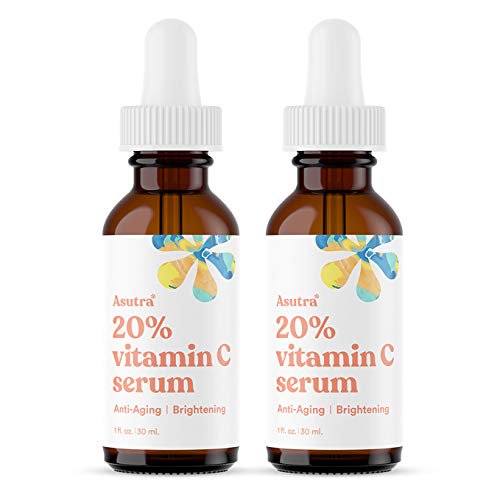 ASUTRA 20% Suero de vitamina C 1 fl oz (paquete de 2) - Suero facial iluminador de ácido ferúlico e hialurónico Vitamina E Aloe Jojoba