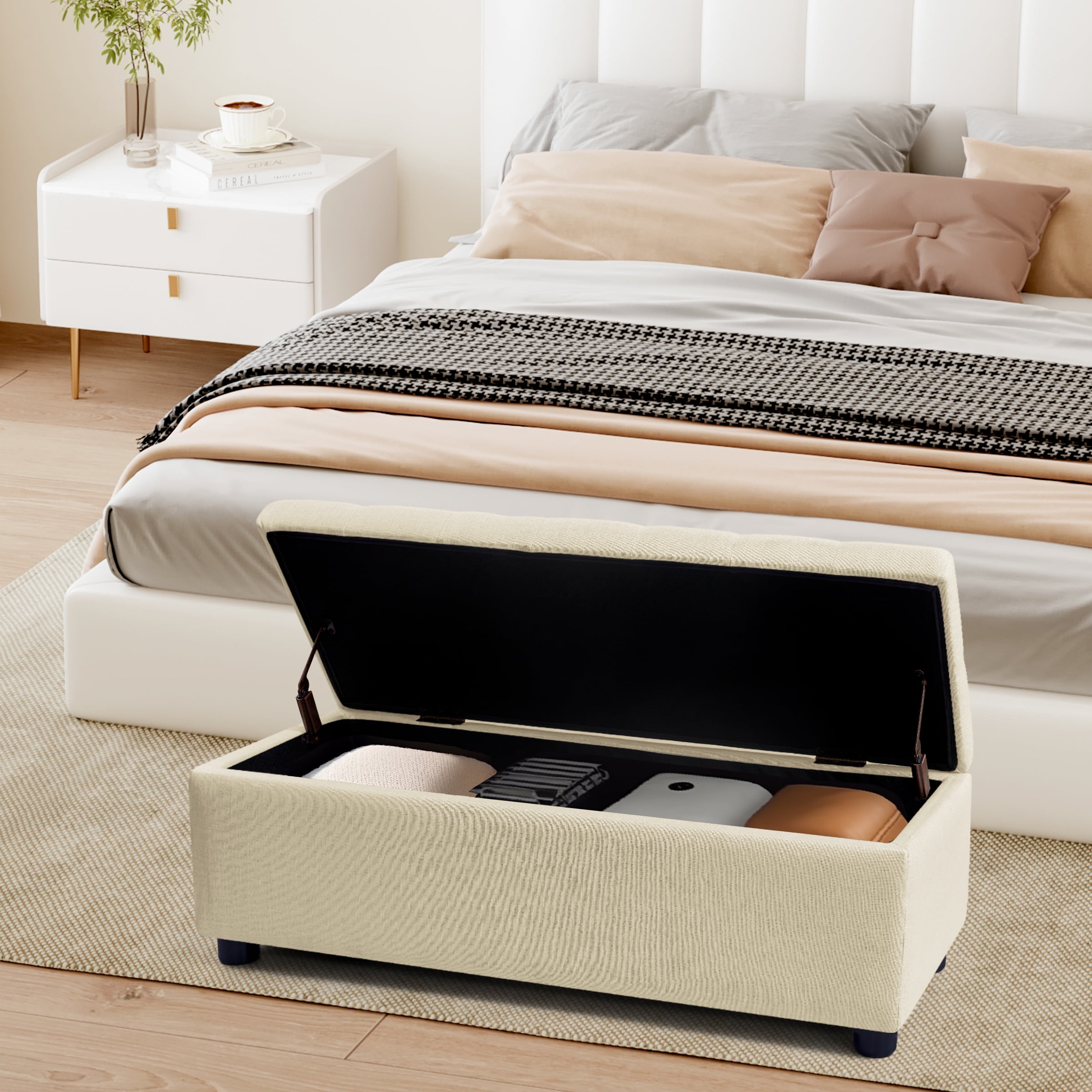 Subrtex Storage Ottoman Bench with Sturdy Plastic Legs with Foot Pads, 40.5" Linen Fabric Storage Bench End of Bed Stool for Bedroom, Beige
