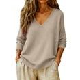 thumbnail image 5 of LNZGNM Sweaters for Women Long Sleeve V-neck Ribbed Oversized Lightweight Cozy with Stretch Sweater Fall Outing Comfort,Khaki(L), 5 of 9
