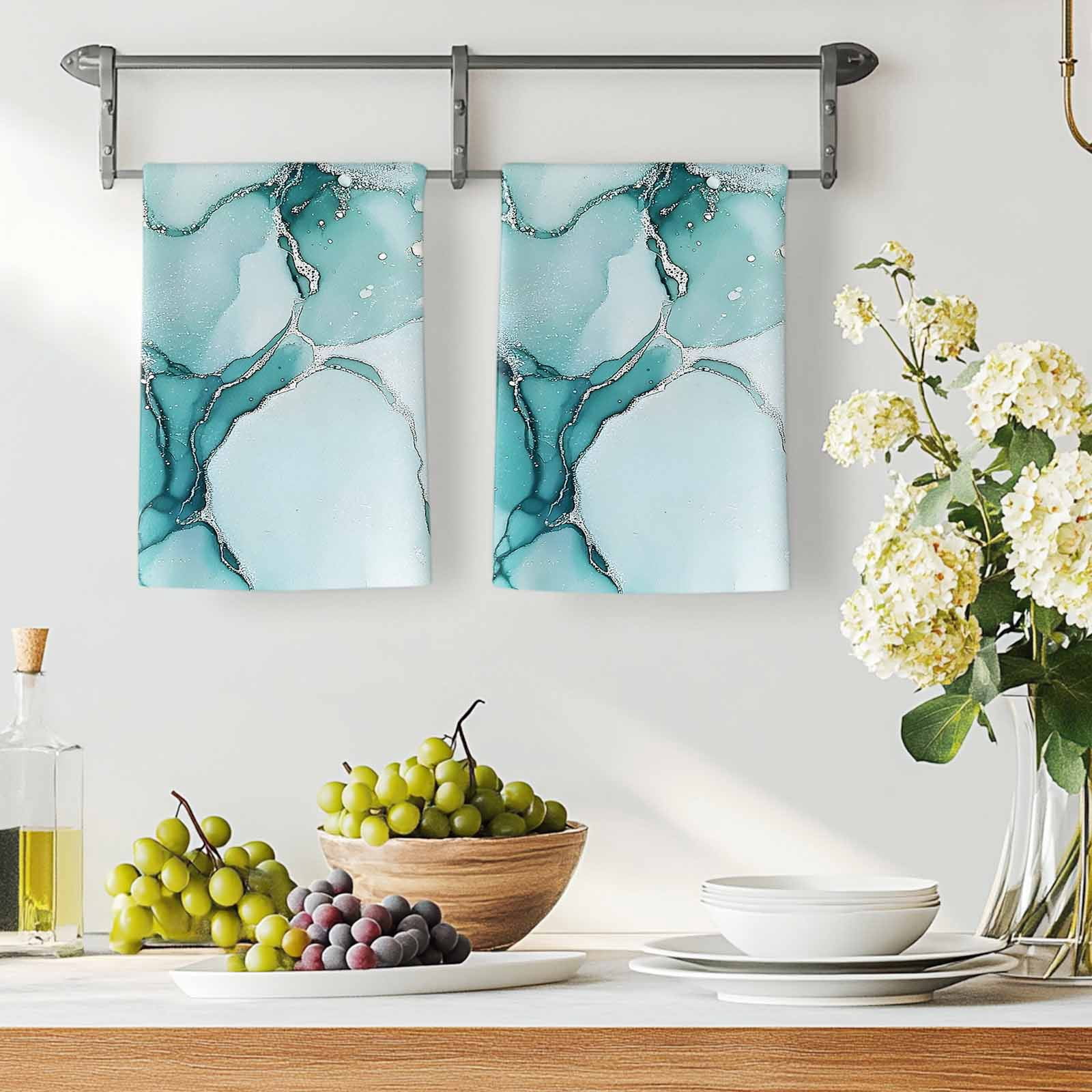 Marble Turquoise Kitchen Towels Set of 2, Abstract Nature Cracks Silver Wavy Absorbent Dish Towels for Kitchen, Microfiber Hand Towel, Quick Drying Tea Towel for Cleaning Decorative Dishcloths