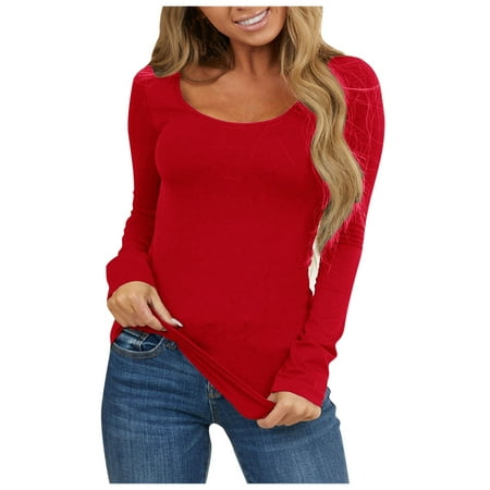 

B91xZ Long Sleeve Shirts For Women TrendyWomen s Basic Long Sleeve T Shirts Crewneck Slim Fit Spandex Tops Plain Layer Underscrub Tees Red L