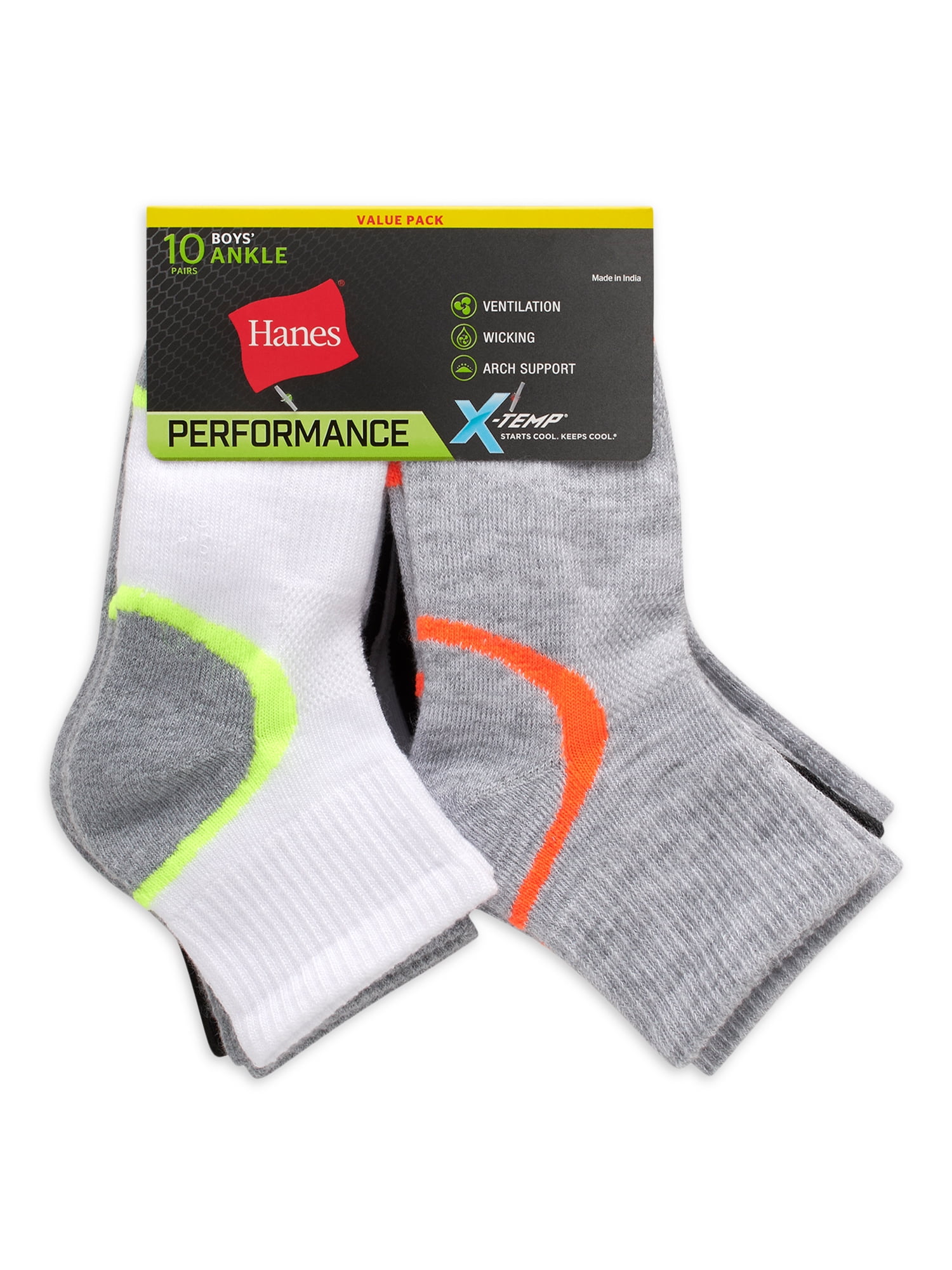Hanes Boys' X-Temp Performance Ankle Socks, 10 Pack