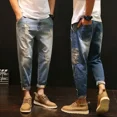 thumbnail image 4 of Pantalones vaqueros para hombre, pantalones vaqueros rotos para hombre, pantalones cortos rotos con agujeros, azul claro, rasgados, cónicos, tendencia primavera otoño 2024, pierna ancha, 4 of 5