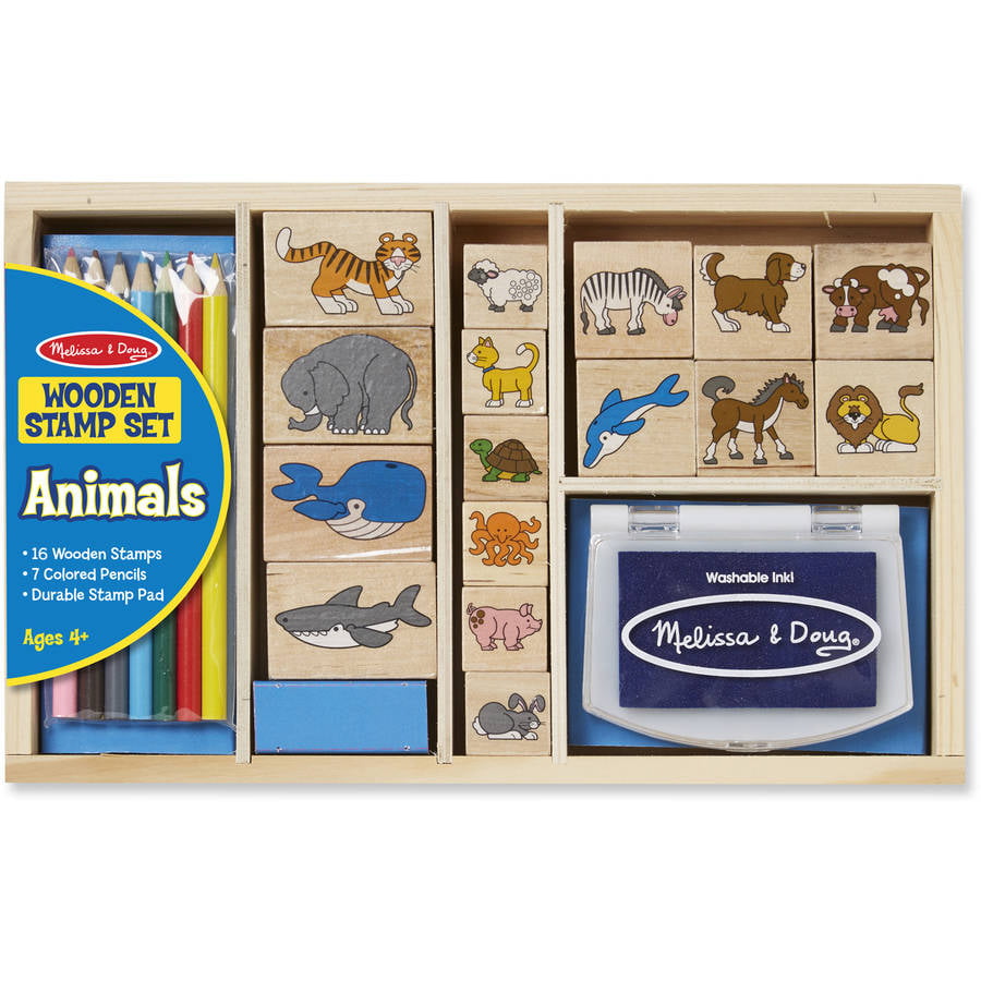 Melissa & Doug Wooden Stamp Set: Animals Stamp Pad 7 Colored Pencils 16 Stamps