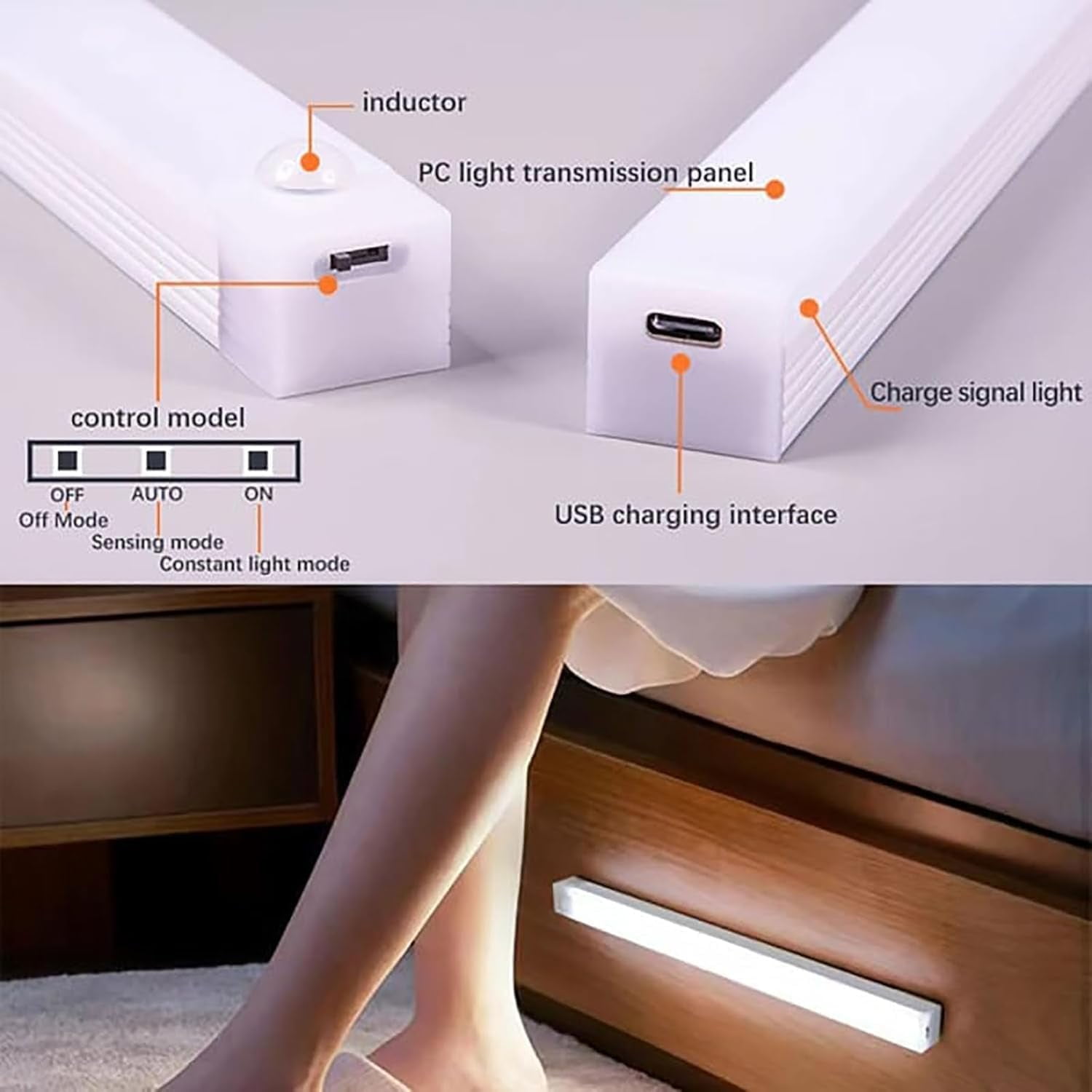 Punch-Free Smart Sensor Magnetic Rechargeable LED Lights,1/3/5pcs 7.87in Wireless USB Closet Lights with Infrared Motion Sensing & Always-On Mode,Warm White & Cool White,for Stairs,Wardrobe,Cabinet
