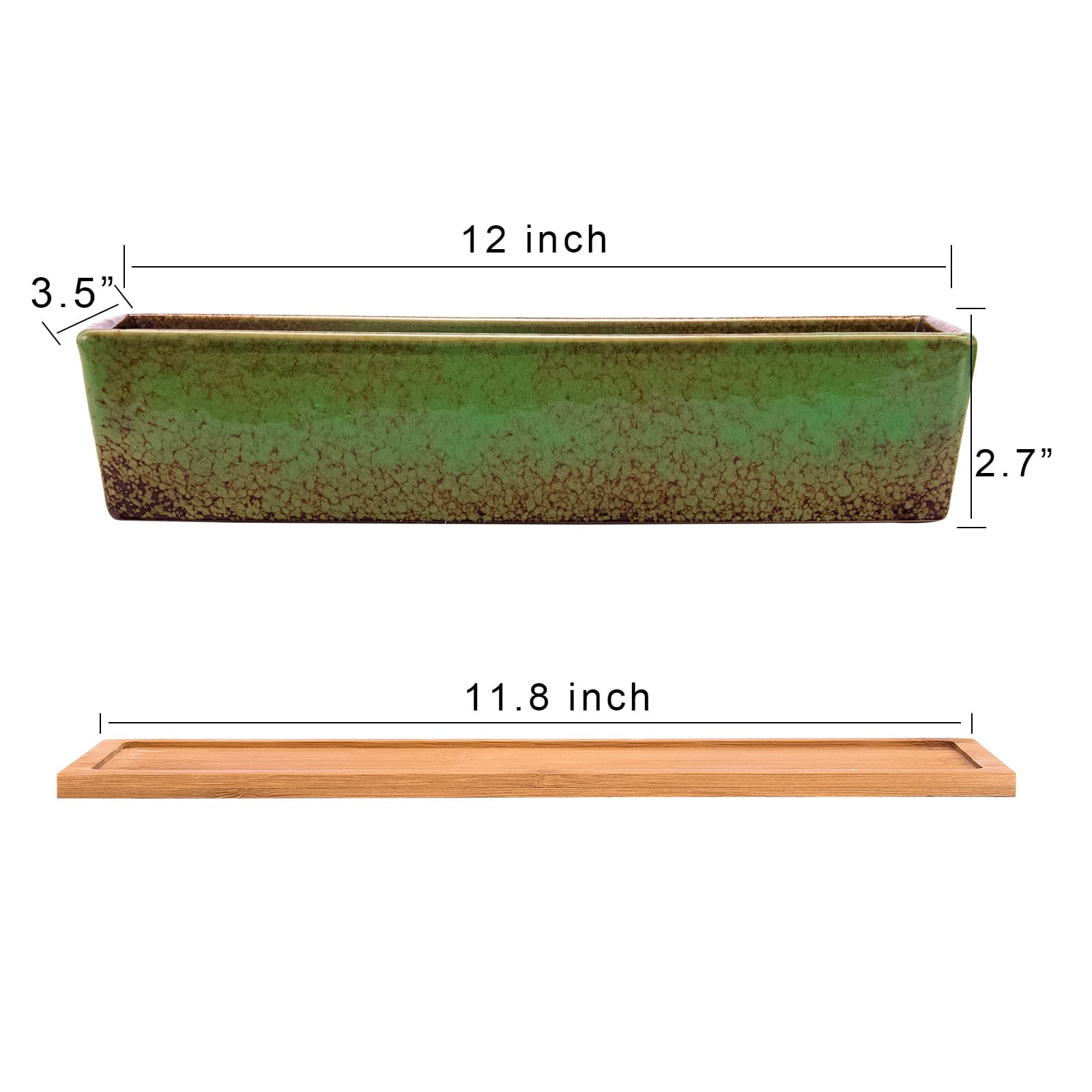 Succulent Planter Pots Large Rectangular Ceramic Cactus Flower Pot with Drainage and Bamboo Tray 12 Inch Shallow Bonsai Window Box for Home Garden Decor