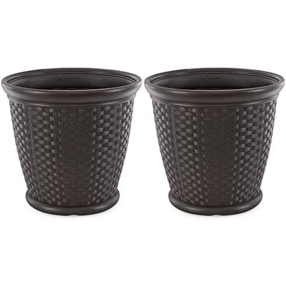 2 Pack Sonora 22 Inch Plastic Wicker Indoor or Outdoor Decorative Garden Flower Planter for Entryways, Porch, and Backyard Patios, Dark Brown