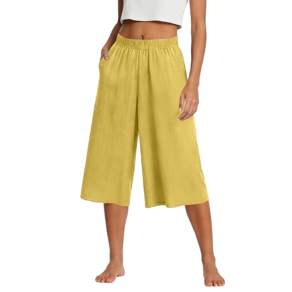 Garbnen Women Linen Pant Elastic Waist Wide Leg Cropped Womens Pants Palazzo Lightweight Summer Vacation Going Out Trouser Pants for Women with Pockets Yellow M