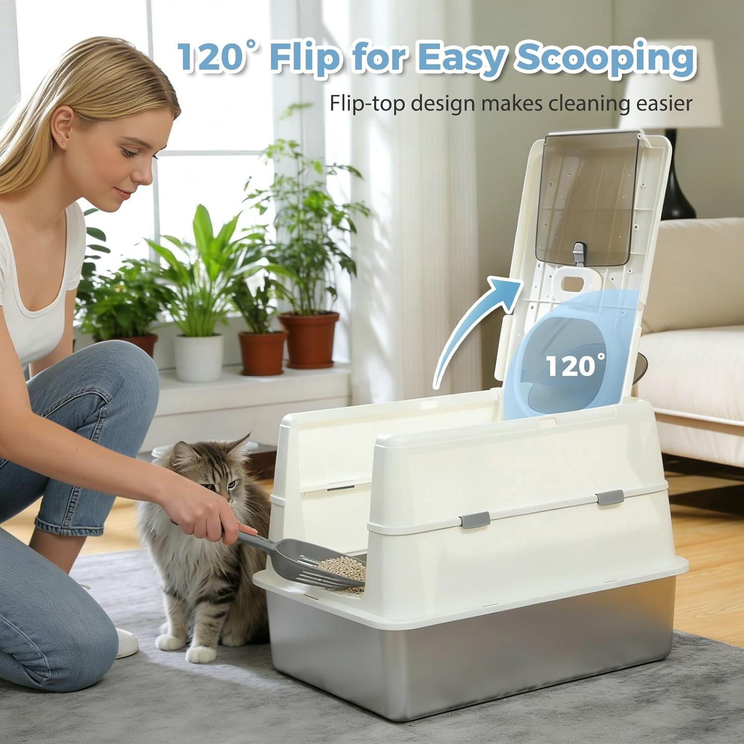 Miemie Stainless Steel Cat Litter Box, XL Extra Large Enclosed Litter Box with Non-Sticky Metal Pan, 16" High Sides& Anti-Leakage with Scoop, Front & Top Dual Entry for Big Cats, White