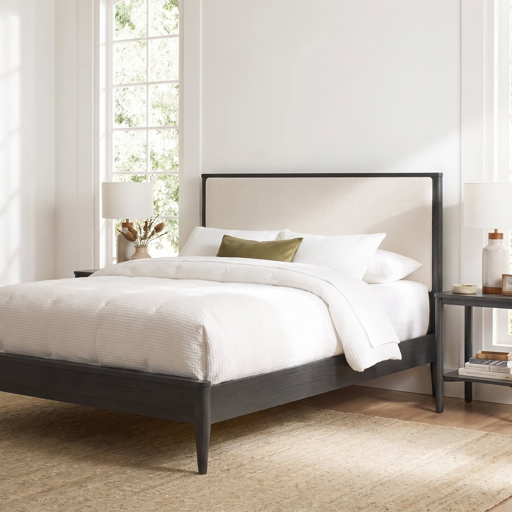 Euroco Wood Queen Size Platform Bed, Mid-Century Modern Style Platform Bed with Boucle Upholstered Headboard, Black