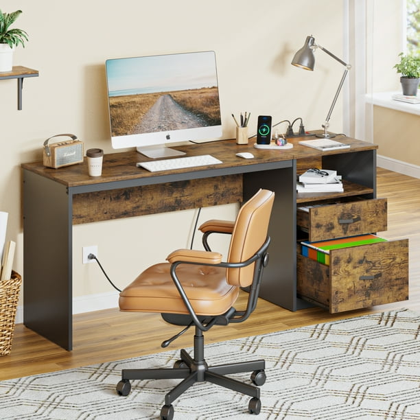 Bestier Computer Desk with Drawers Power Outlet 60