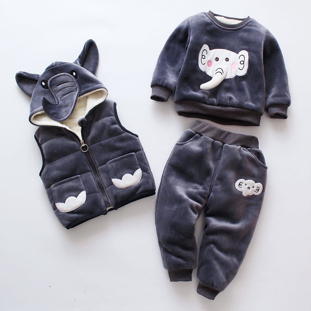 Esaierr 1-5Y Baby Boys Girls Sweatshirt Outfits Double-Sided Velvet Fall Winter Clothing Set Toddler Cartoon Elephant Three-Piece Set