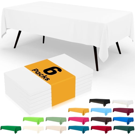 6 Pack 54”x 108”Plastic Table Cloth Disposable,Waterproof Table Cloths for Parties,Decorative Tablecloths for Rectangle Tables,White Plastic Cover,Reusable Flexibility for Parties, Events & Weddings