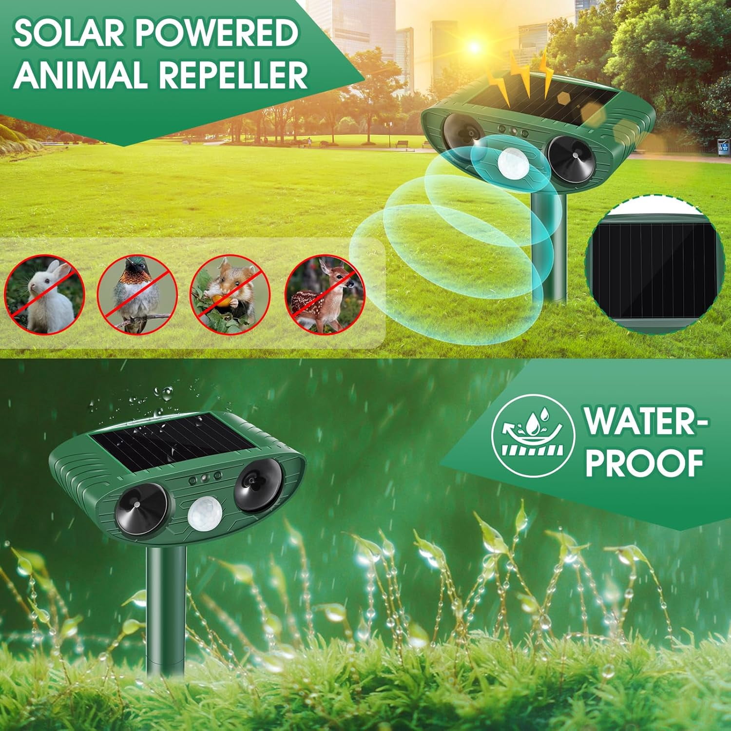 2 Pack Stray Cat Deterrent Outdoor Solar Powered, Motion Activated Ultrasonic Animal Repeller for Gardens Yards, Repels Deer Squirrels Skunks Rabbits, Humane Critter Ridder & Bear Deterrent Devices