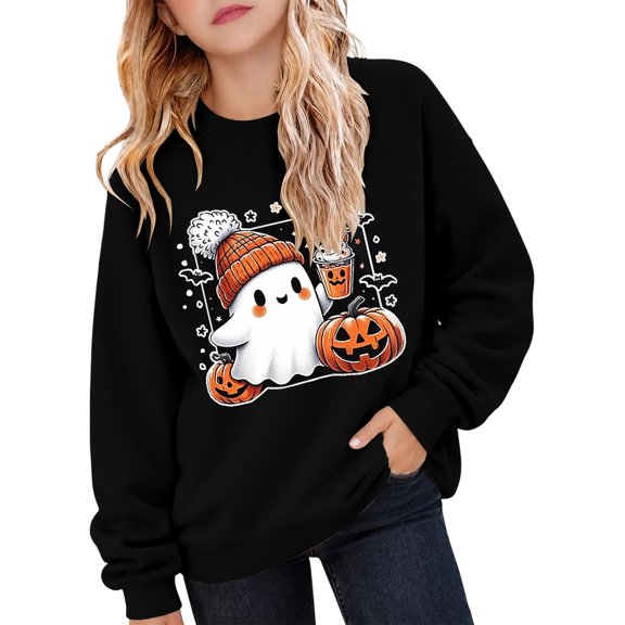 ZHOGXU Halloween Themed Girls Pumpkin & Ghost Print Pullover Sweatshirt Long Sleeve O Neck Top For Kids Fashion Loose Fit Everyday Wear,Black,7-8 Years
