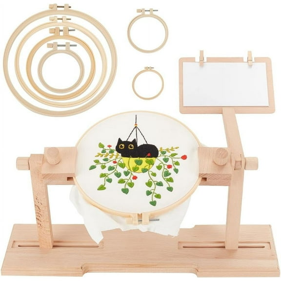 Adjustable Embroidery Hoop Holder with 6 Sizes Cross Stitch Embroidery Hoops 360 Degrees Rotated Cross Stitch Stand Wooden Embroidery Hoop Holder for Cross Stitch and Embroidery Project