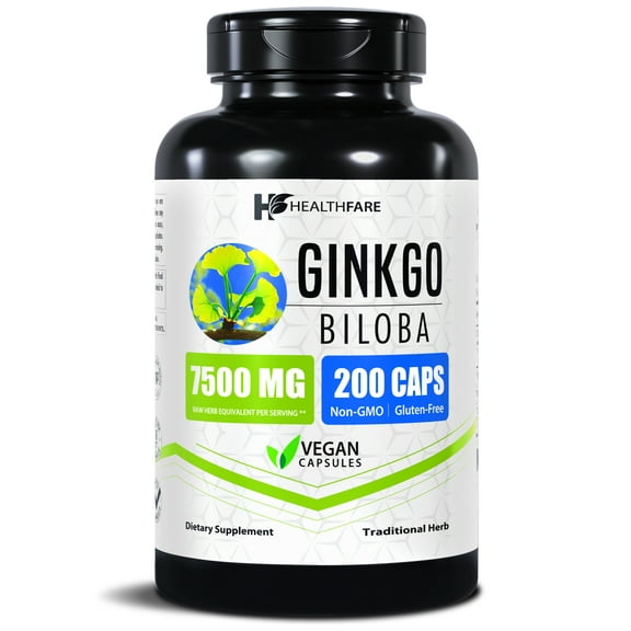 HealthFare Ginkgo Biloba Extract 7500mg | 200 Vegan Capsules | Extra Strength Standardized Herbal Supplement | Supports Brain Function, Memory & Focus | Non-GMO, Gluten-Free | Made in USA