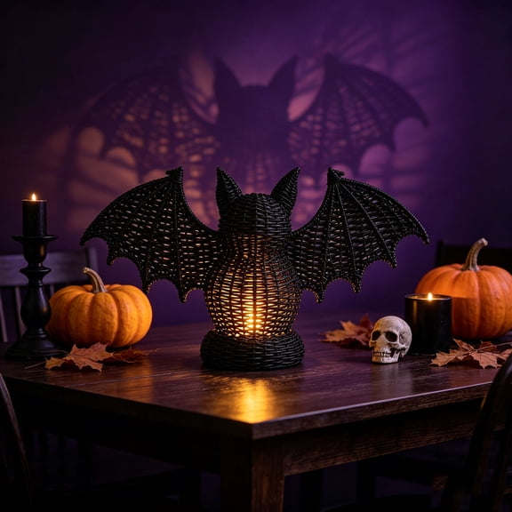 Hollow Woven Black Bat Tabletop Candle Decor, Gothic Style Faux Rattan Bat Statue Ideal for Halloween Party Table & Home Seasonal Decoration