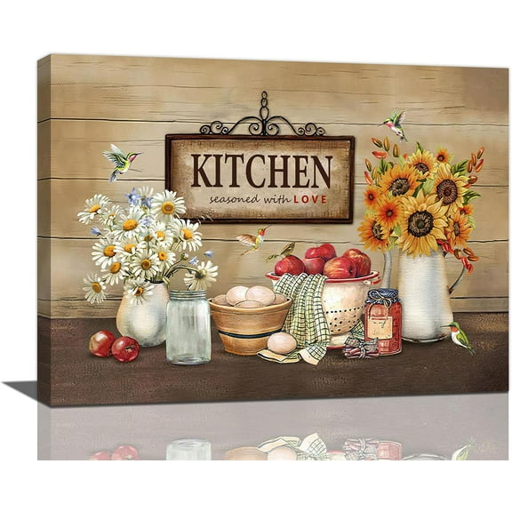 Kitchen Wall Art Rustic Daisy Sunflower Pictures Wall Decor Farmhouse Kitchen Canvas Prints Framed Artwork Paintings Home Decorations For Kitchen Dinning Room 16"x12"