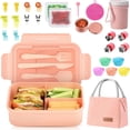 thumbnail image 1 of Bento Box, Loncheras, Fiambrera Cajas Bento, Lunch Box con Cuchillo 3 Compartimentos con Bolsa del Almuerzo, Tenedor, Taza, Apto para Microondas (Rosa), 1 of 3