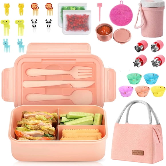 Bento Box, Loncheras, Fiambrera Cajas Bento, Lunch Box con Cuchillo 3 Compartimentos con Bolsa del Almuerzo, Tenedor, Taza, Apto para Microondas (Rosa)
