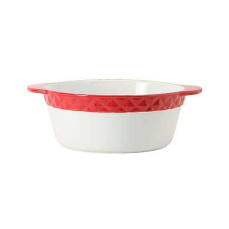 

Tuxton 3 qt. Porcelain White Embossed Round Casserole - Cayenne Band