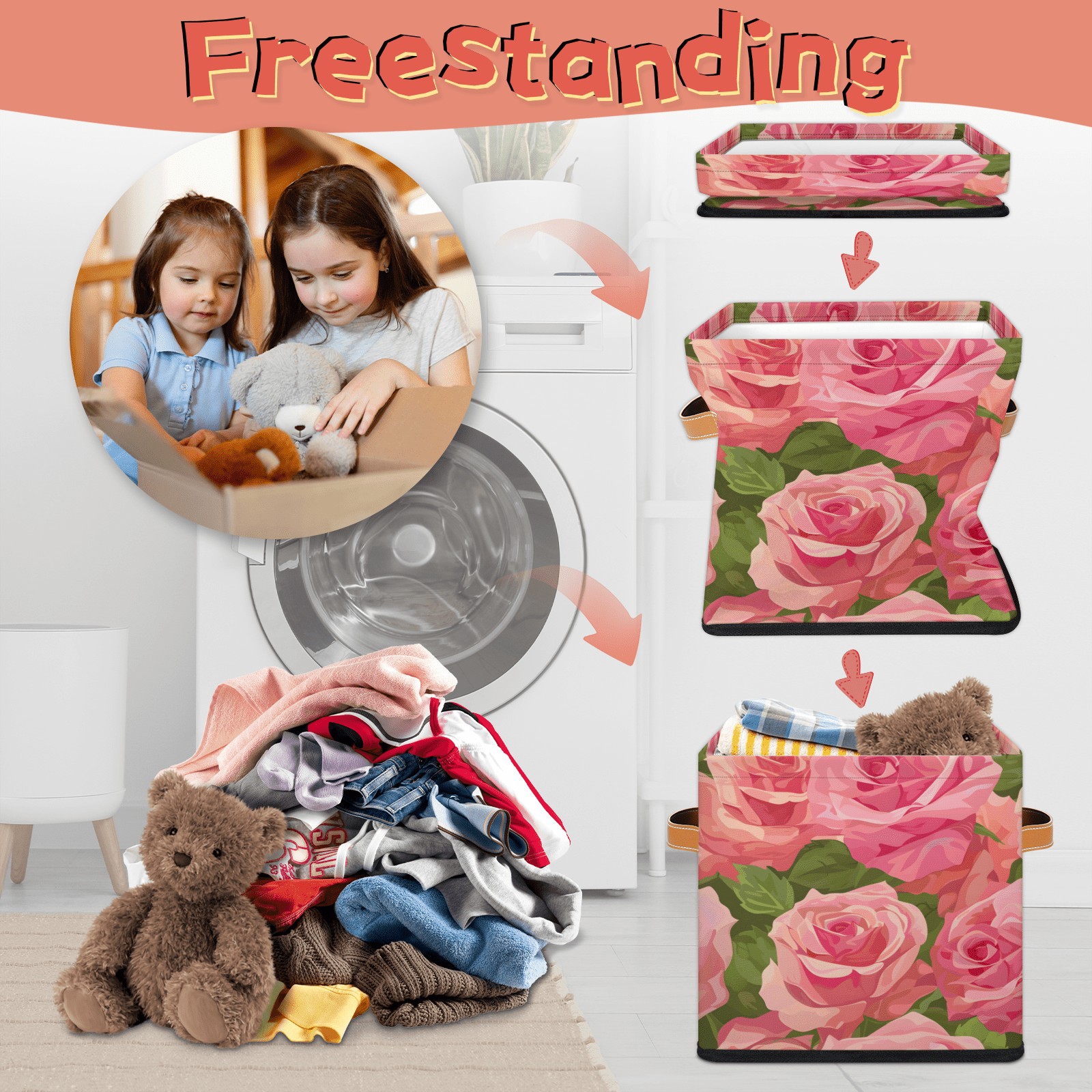 CURLYOOT Pinks Blooming Rose 11 x 11 Inch Cube Storage Bin, Fabric Storage Cube Foldable Basket with Leather Handles, Organizer Basket for Closet Shelves