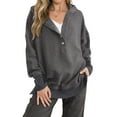 thumbnail image 2 of Women'S Oversized Long Sleeve Hoodie Button-Down V-Neck Sweatshirt Side Slit Casual Pullover Top Grey L, 2 of 9