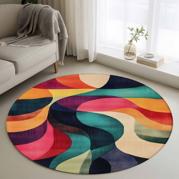 Colorful Geometric Round Rug 3ft Washable Circle Entryway Rugs Non Slip Modernism Abstract Aesthetics Area Rug Indoor Floor Carpet for Bedroom Kitchen Living Room Home Office Dining Room Nursery